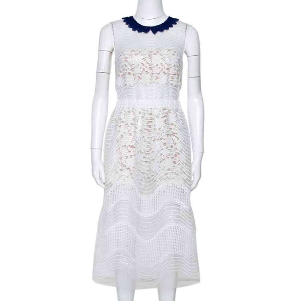 Self Portrait White Sequined Mesh Midi Dress